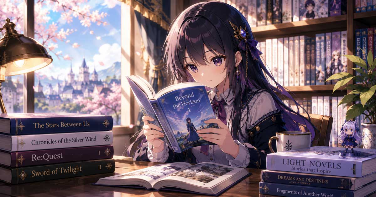 Anime-style illustration of a young woman reading light novels in a library surrounded by books.