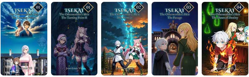 Five covers from the original English light novel series ISEKAI: The Otherworlder's Heir by Jean-Louis Vill.