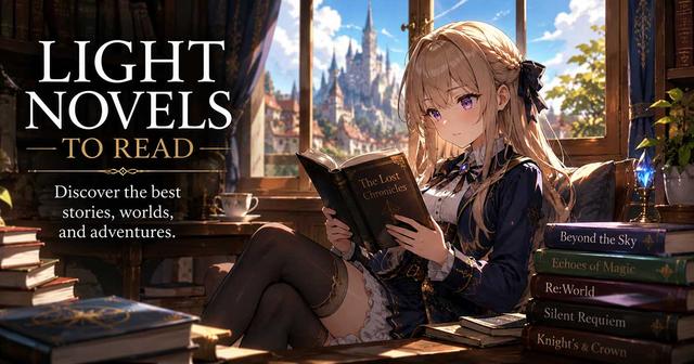 Anime-style illustration of a young woman reading a light novel in a cozy library with a fantasy castle in the background.
