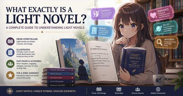 Anime-style illustration of a young woman reading light novels in a cozy library, surrounded by fantasy books, magical worlds, and symbols representing different light novel genres.