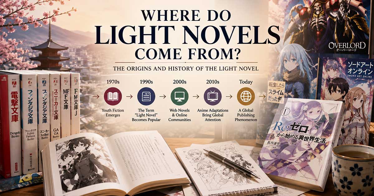 Historical illustration of the light novel featuring Japanese-inspired books, anime-style artwork, and a timeline showing the evolution of the light novel from its origins in Japan to its global popularity.
