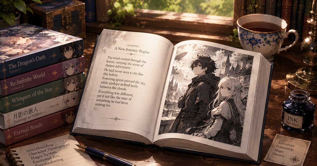 Open light novel featuring text and anime-style illustrations on a wooden desk, surrounded by stacked books in a cozy reading room.