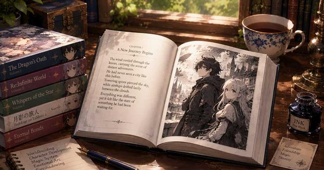 Open light novel featuring text and anime-style illustrations on a wooden desk, surrounded by stacked books in a cozy reading room.